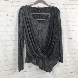 WHBM Surplice Faux Wrap Long Sleeve Top Black & Silver Spacedye Shimmer